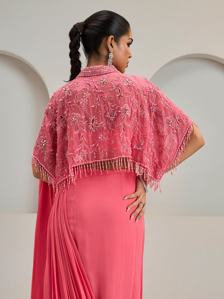 Coral Pink Organza Cape With Draped Saree