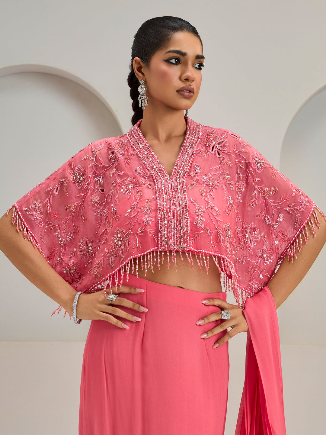 Coral Pink Organza Cape With Draped Saree