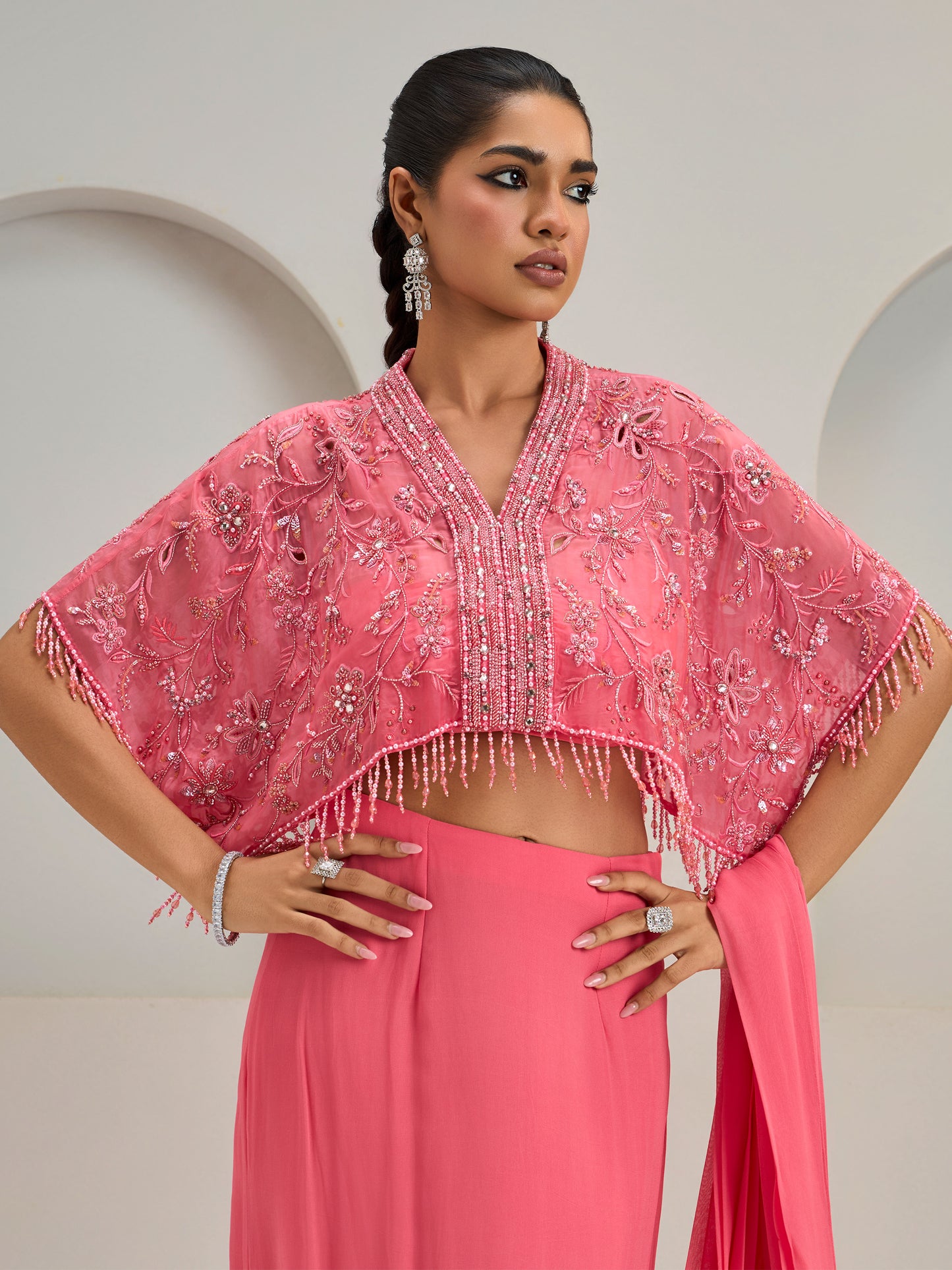 Coral Pink Organza Cape With Draped Saree