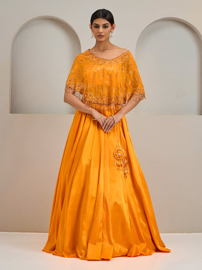 Sunset Orange One Shoulder Organza Cape With Gazi Silk Lehanga