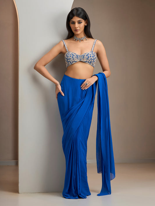 Electric Blue Net Blouse With Pre Stitched Saree