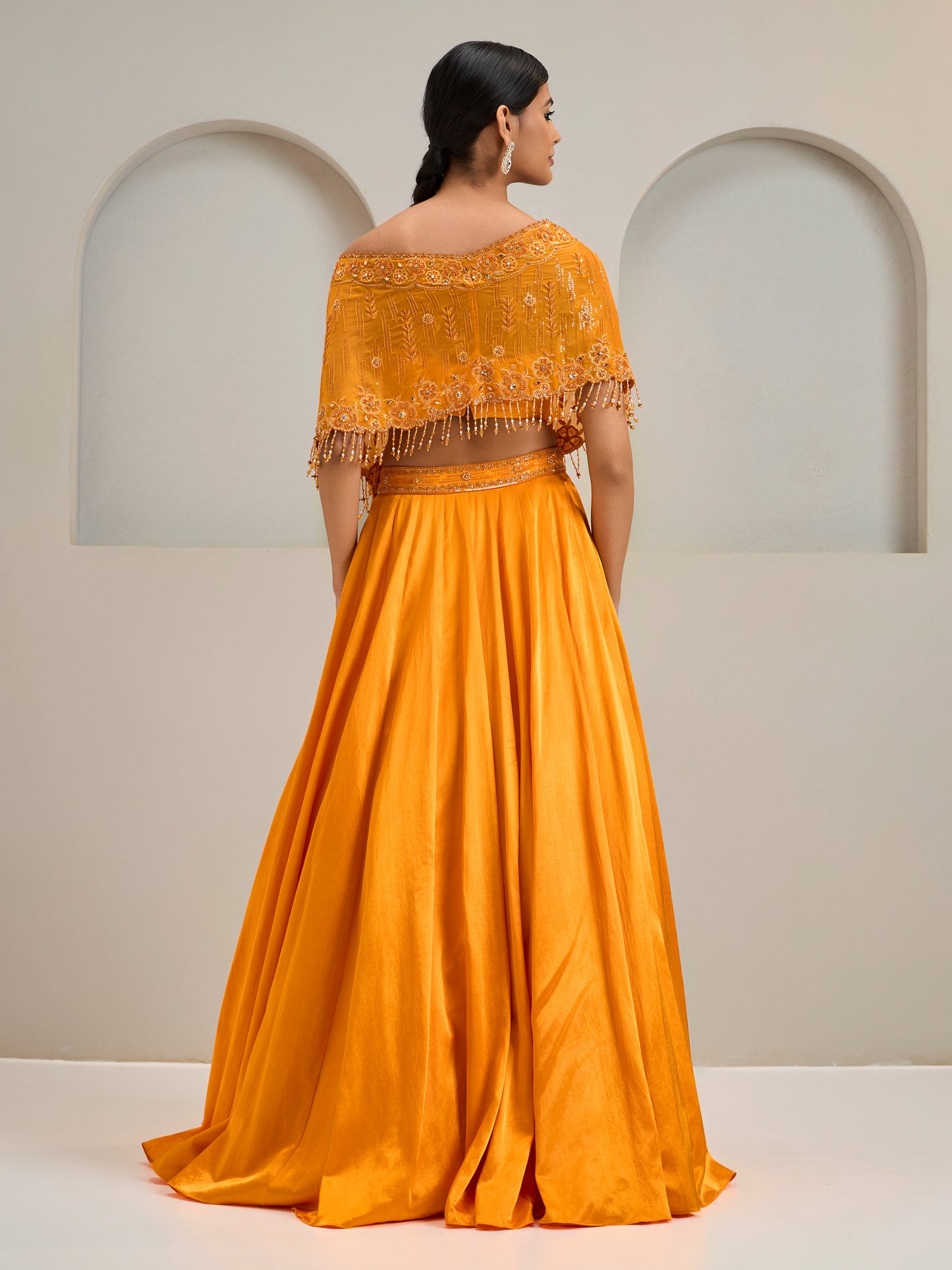Sunset Orange One Shoulder Organza Cape With Gazi Silk Lehanga
