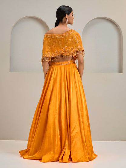 Sunset Orange One Shoulder Organza Cape With Gazi Silk Lehanga