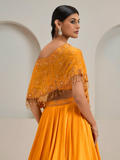 Sunset Orange One Shoulder Organza Cape With Gazi Silk Lehanga