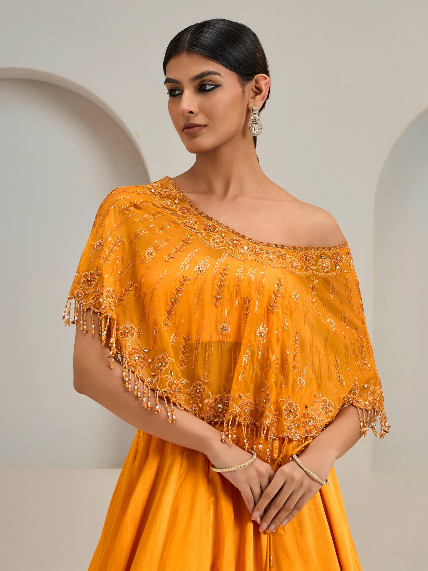 Sunset Orange One Shoulder Organza Cape With Gazi Silk Lehanga