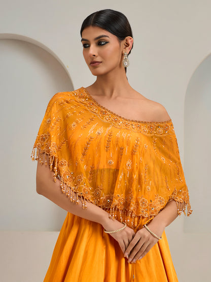 Sunset Orange One Shoulder Organza Cape With Gazi Silk Lehanga