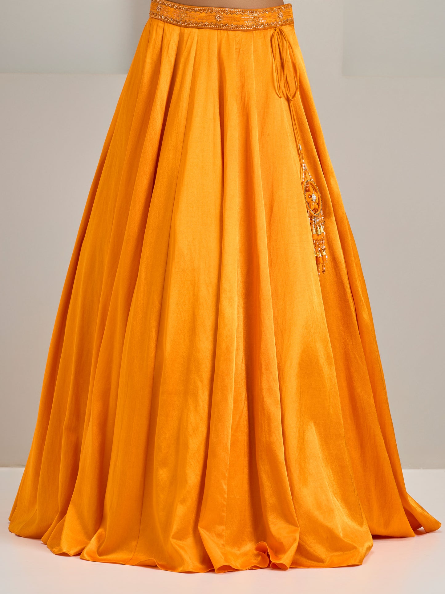 Sunset Orange One Shoulder Organza Cape With Gazi Silk Lehanga