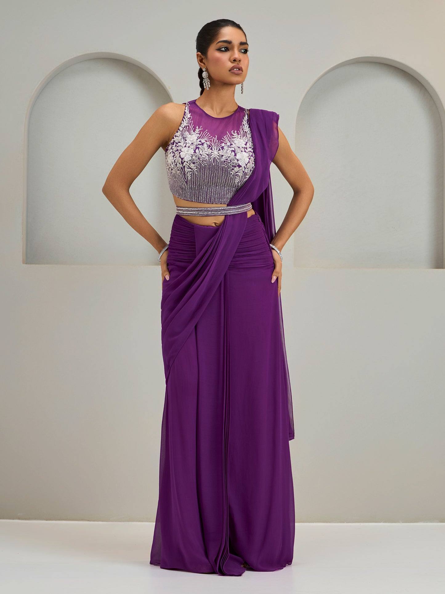 Purple Net Blouse With Hip Ruched Drape Saree