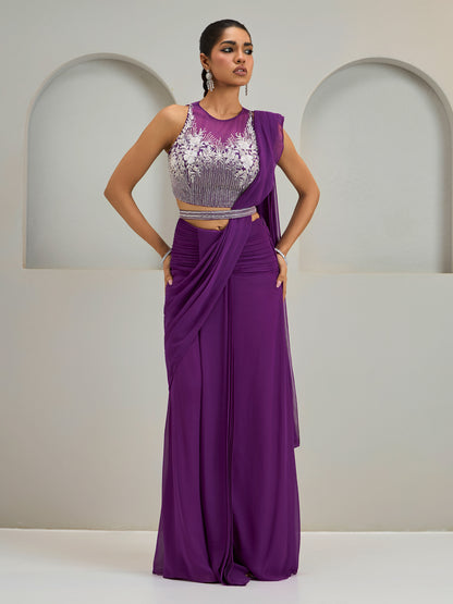 Purple Net Blouse With Hip Ruched Drape Saree