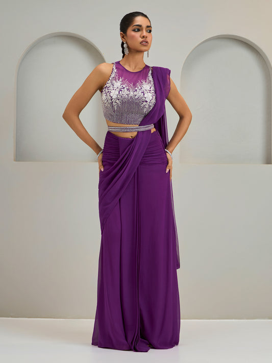 Purple Net Blouse With Hip Ruched Drape Saree