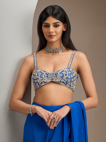Electric Blue Net Blouse With Pre Stitched Saree