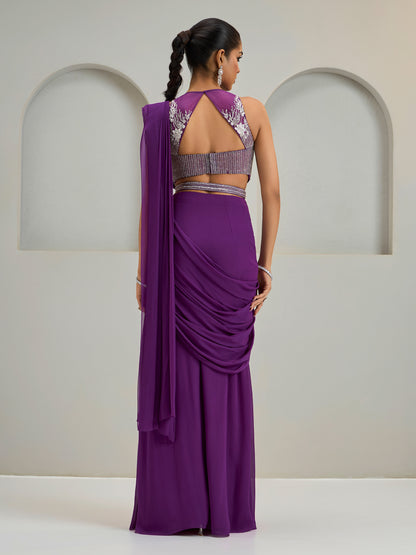 Purple Net Blouse With Hip Ruched Drape Saree