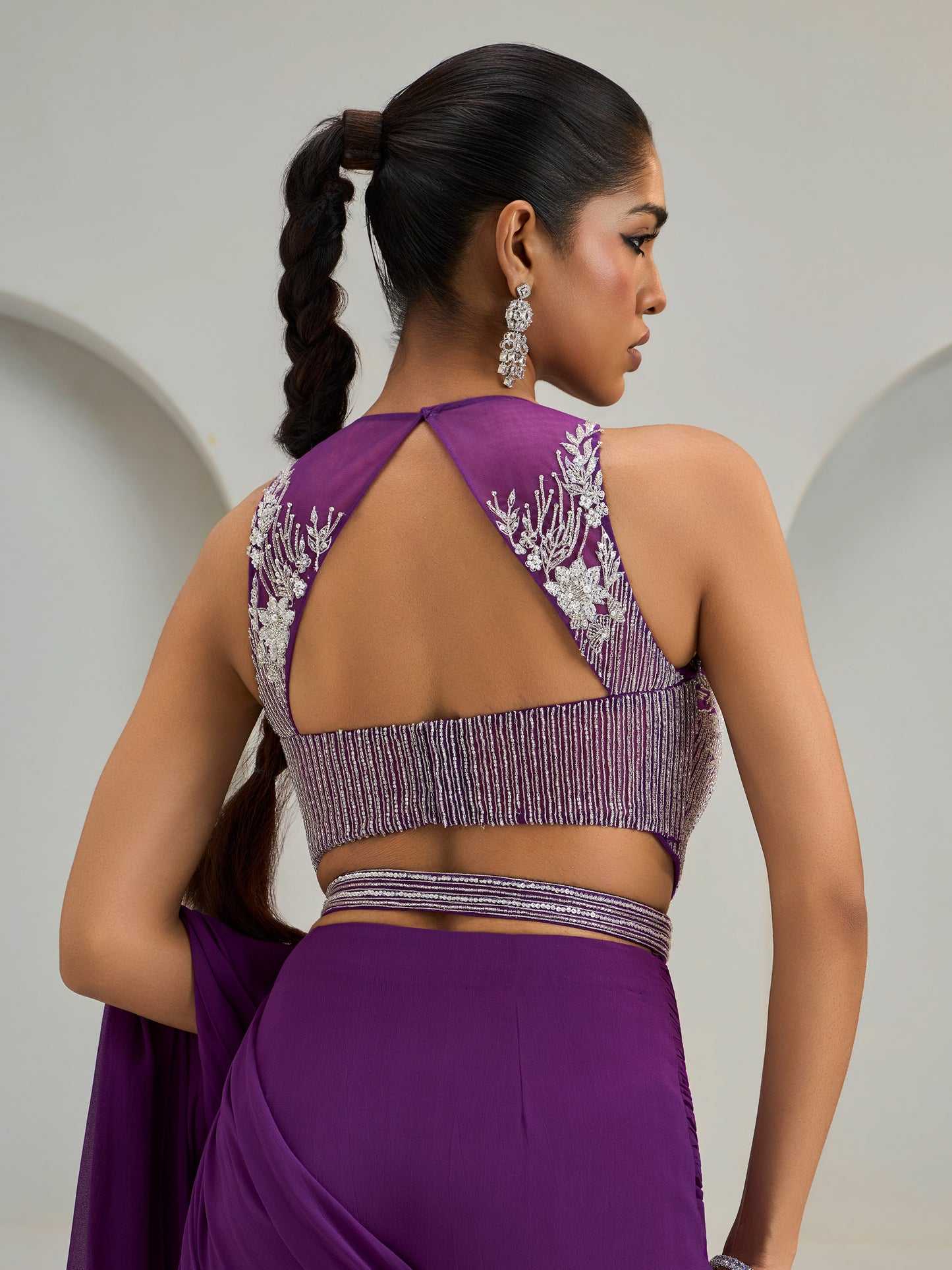 Purple Net Blouse With Hip Ruched Drape Saree