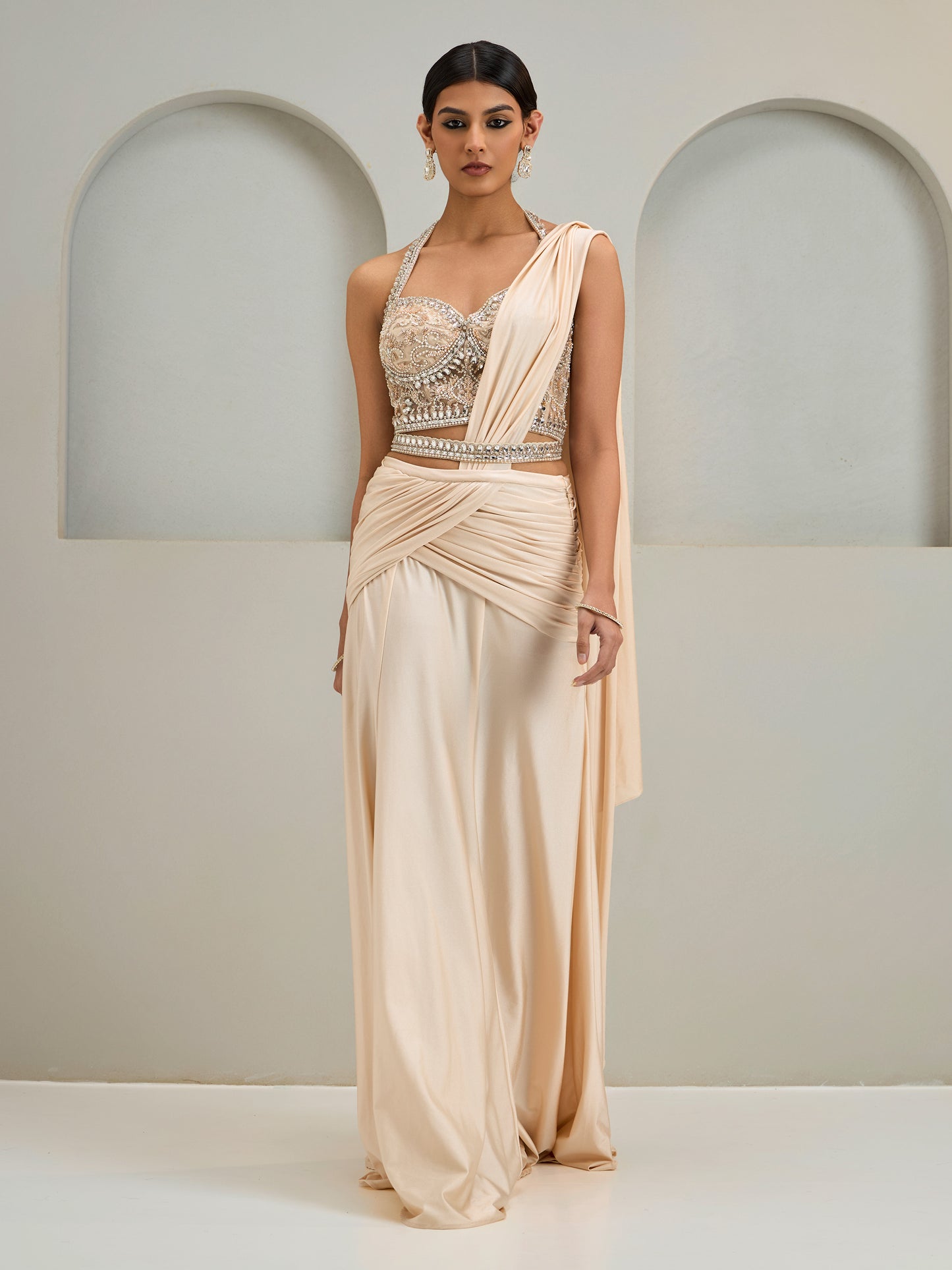 Nude Stone Embroidered Blouse With Lycra Drape Saree With Belt