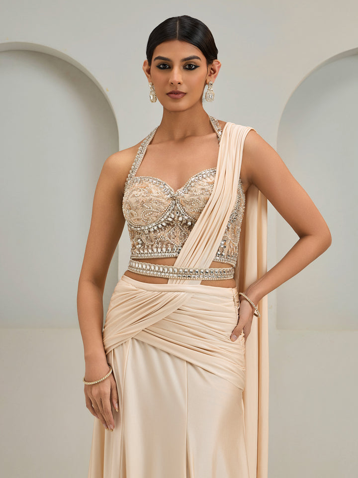 Nude Stone Embroidered Blouse With Lycra Drape Saree With Belt