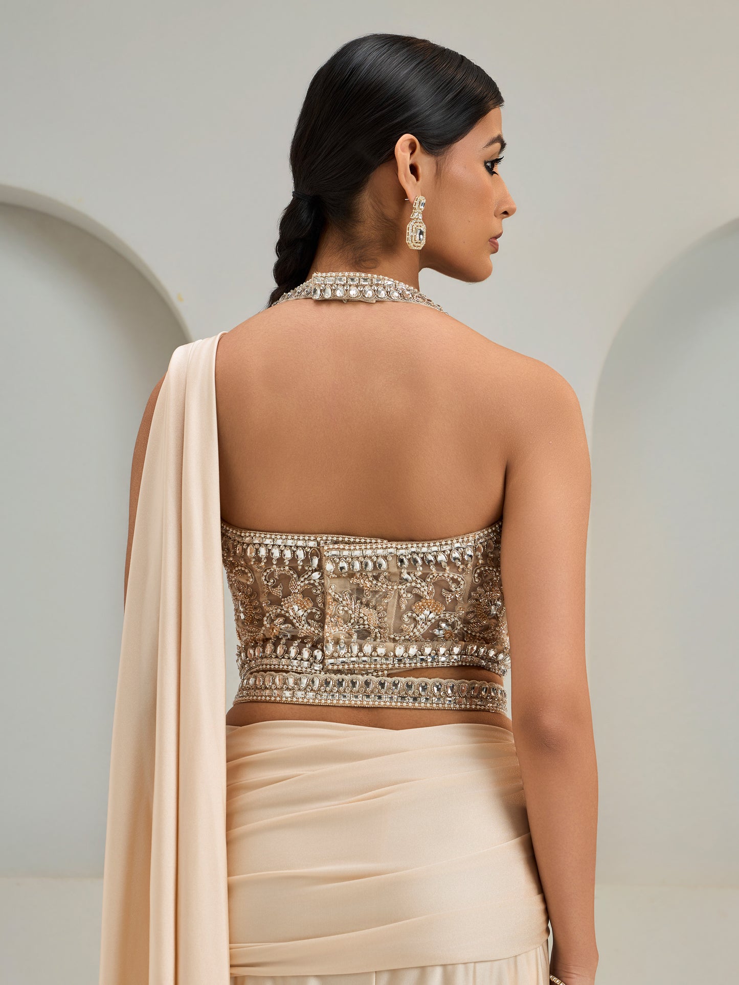 Nude Stone Embroidered Blouse With Lycra Drape Saree With Belt