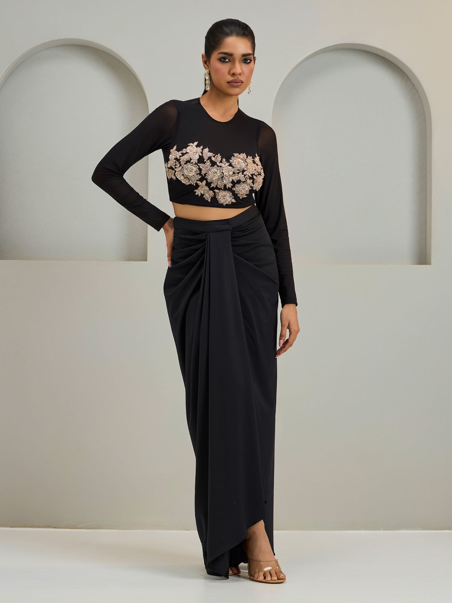 Black Net Blouse With Lycra Drape Skirt