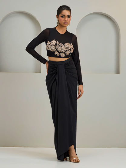 Black Net Blouse With Lycra Drape Skirt