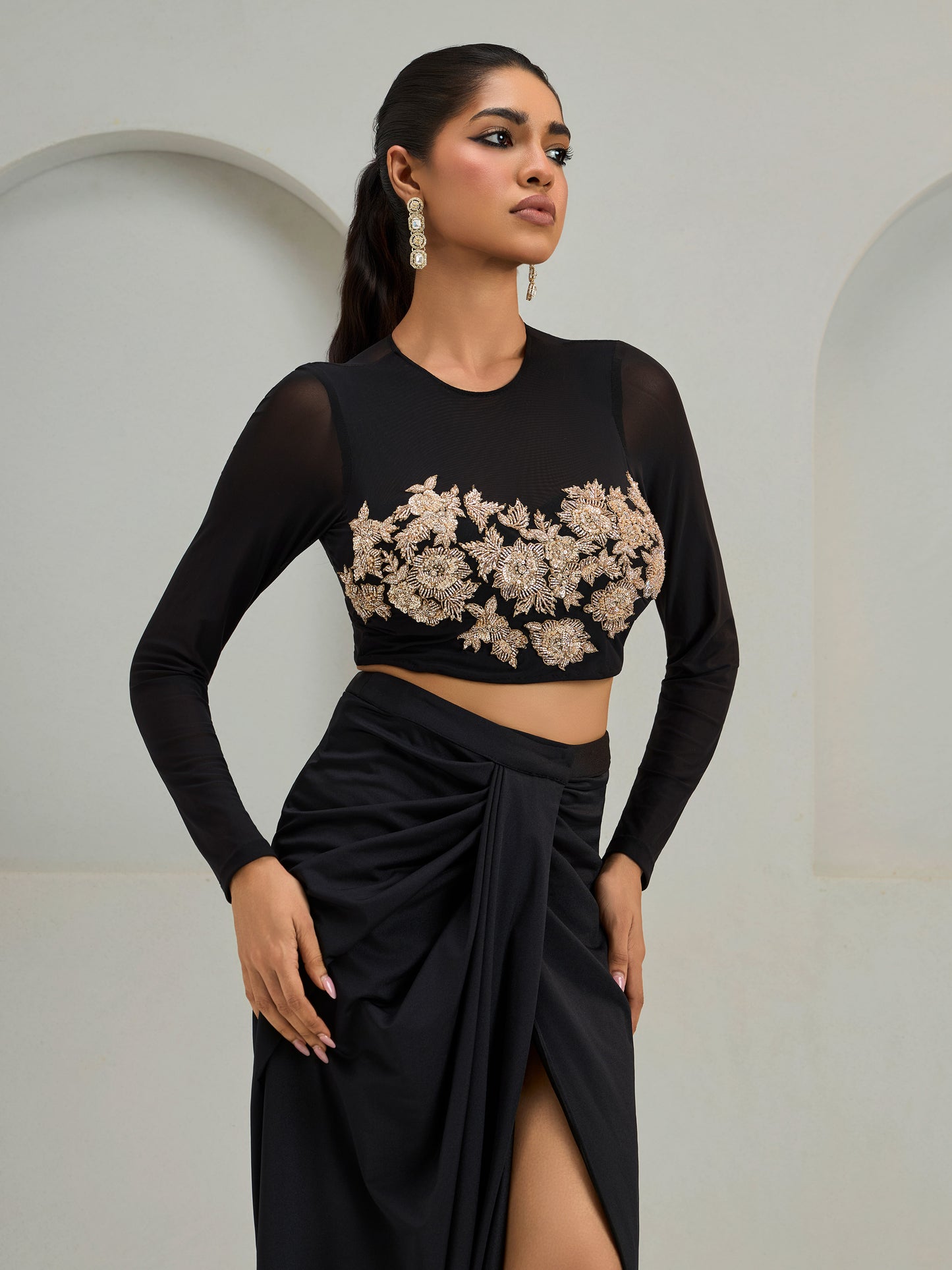 Black Net Blouse With Lycra Drape Skirt