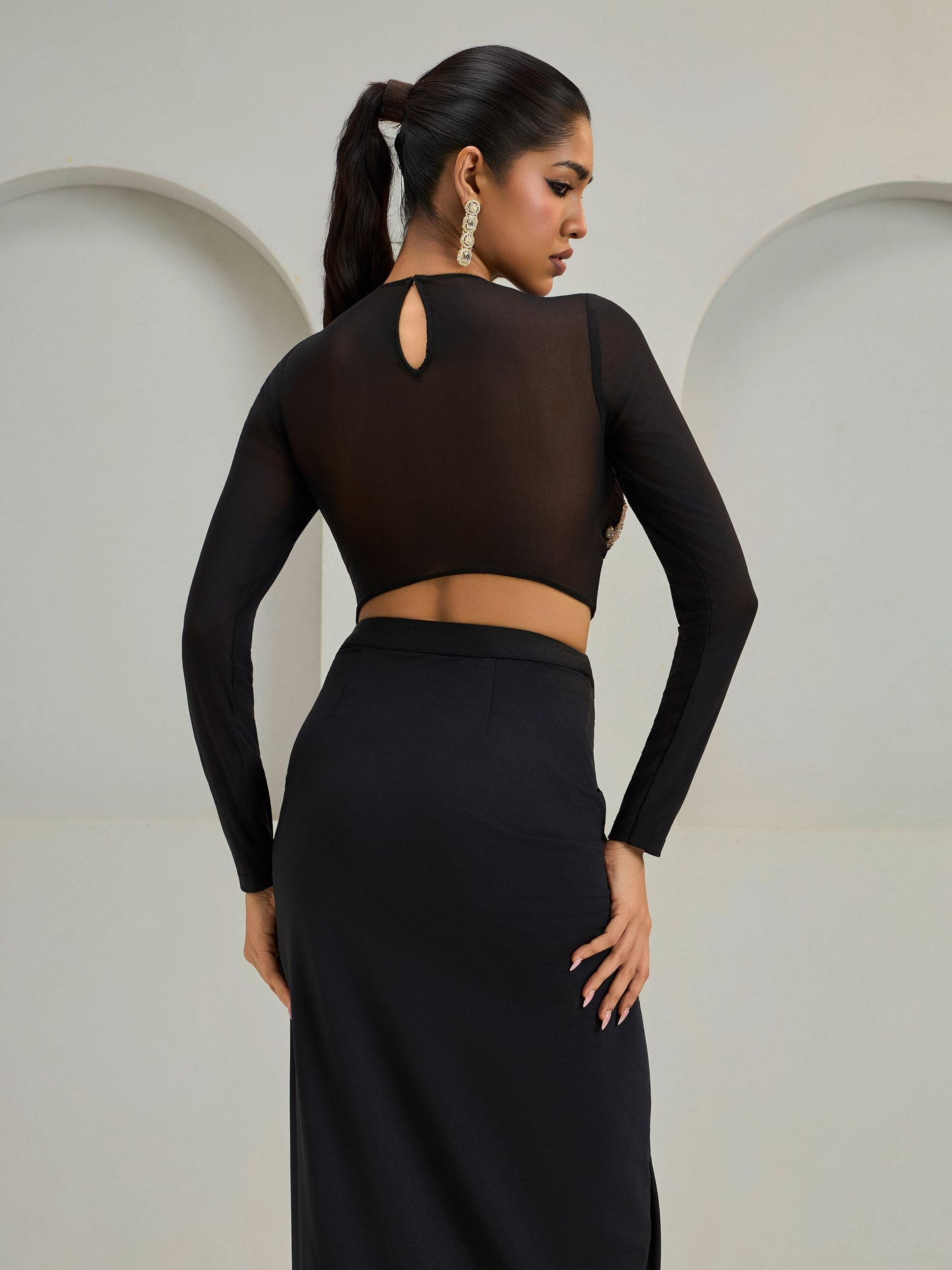 Black Net Blouse With Lycra Drape Skirt