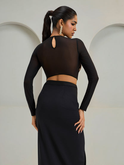 Black Net Blouse With Lycra Drape Skirt