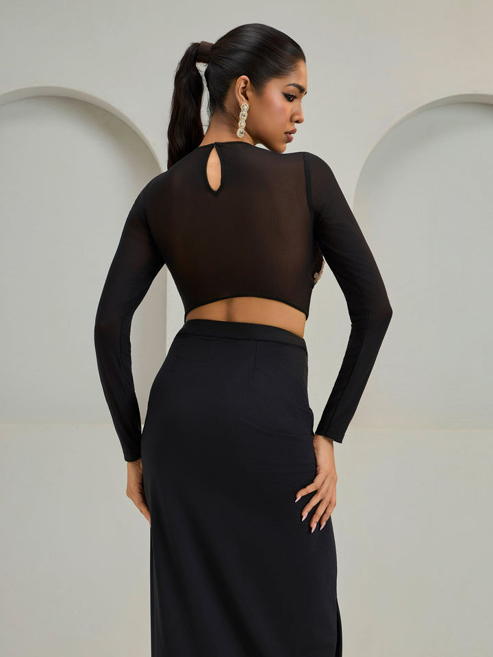 Black Net Blouse With Lycra Drape Skirt