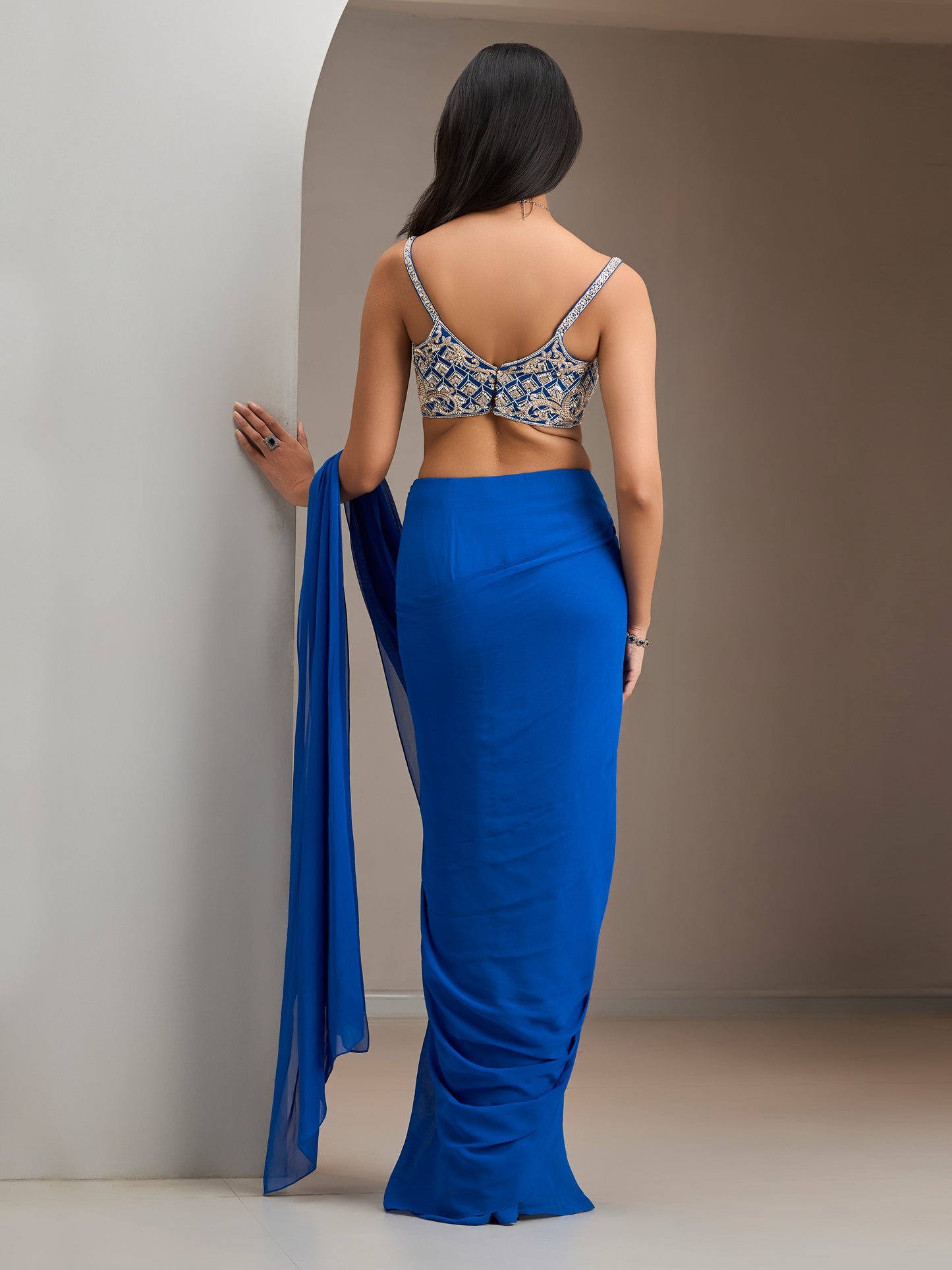 Electric Blue Net Blouse With Pre Stitched Saree