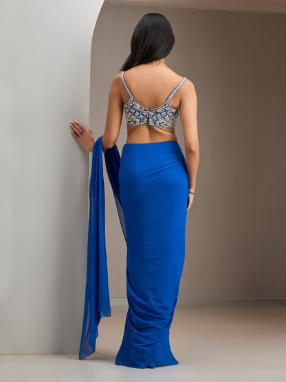 Electric Blue Net Blouse With Pre Stitched Saree