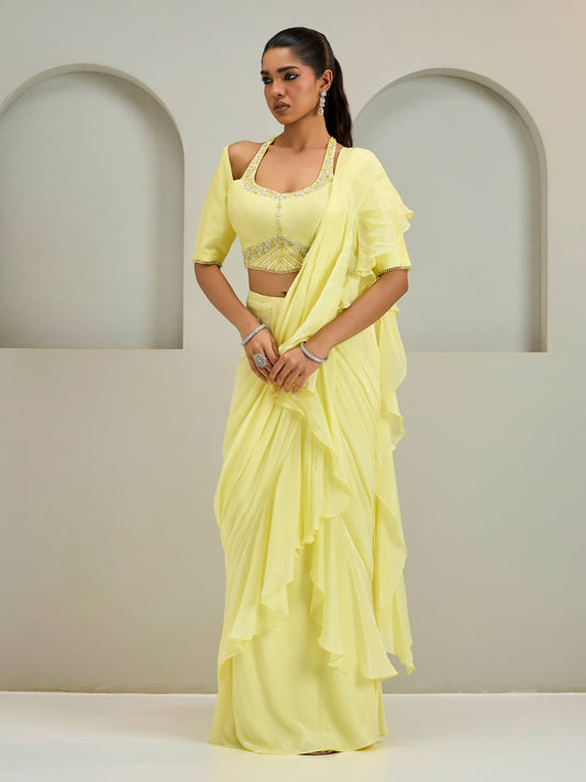 Lemon Yellow Concept Blouse With Ruffled Draped Silk Saree