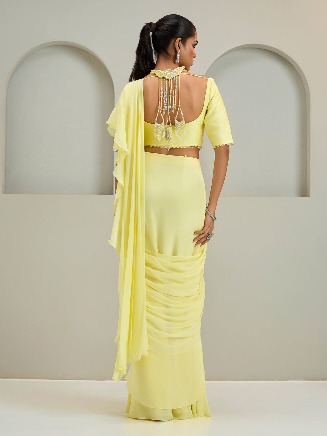 Lemon Yellow Concept Blouse With Ruffled Draped Silk Saree