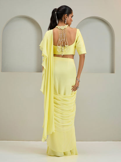 Lemon Yellow Concept Blouse With Ruffled Draped Silk Saree