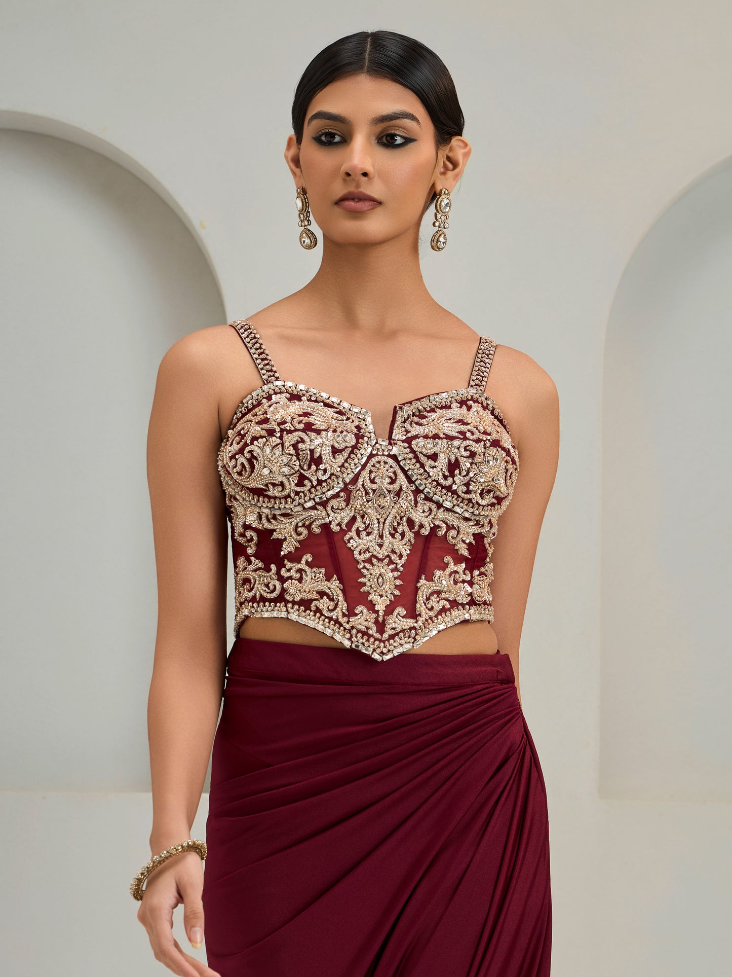 Maroon Net Corset With Lyra Drape Skirt