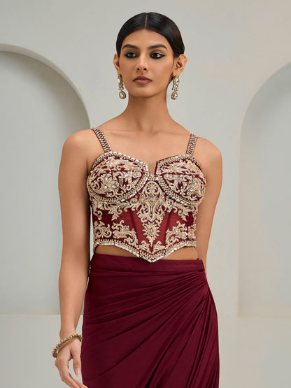 Maroon Net Corset With Lyra Drape Skirt