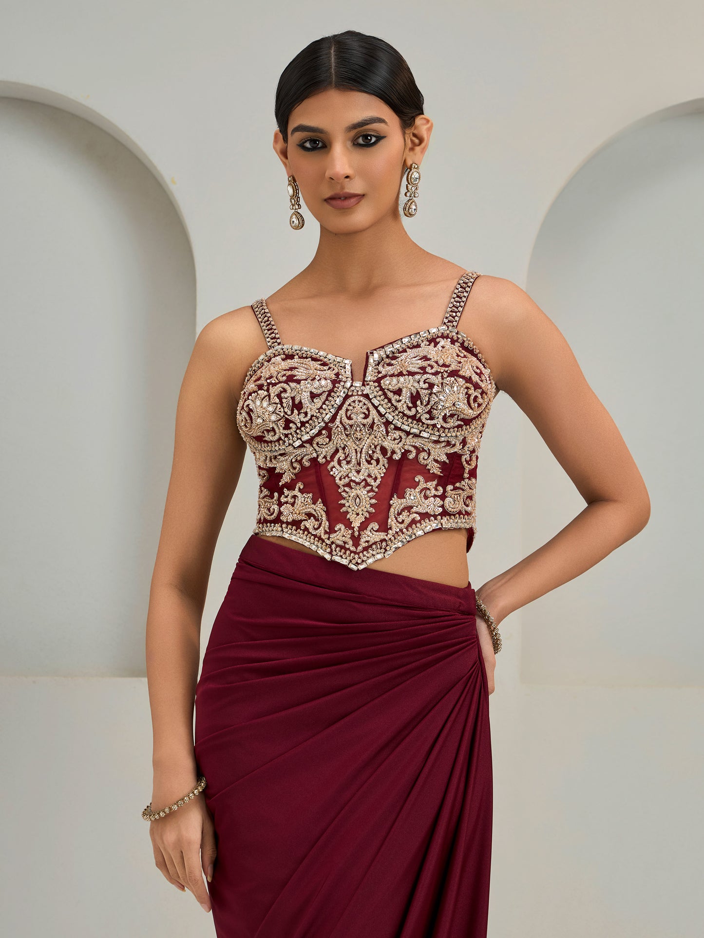 Maroon Net Corset With Lyra Drape Skirt