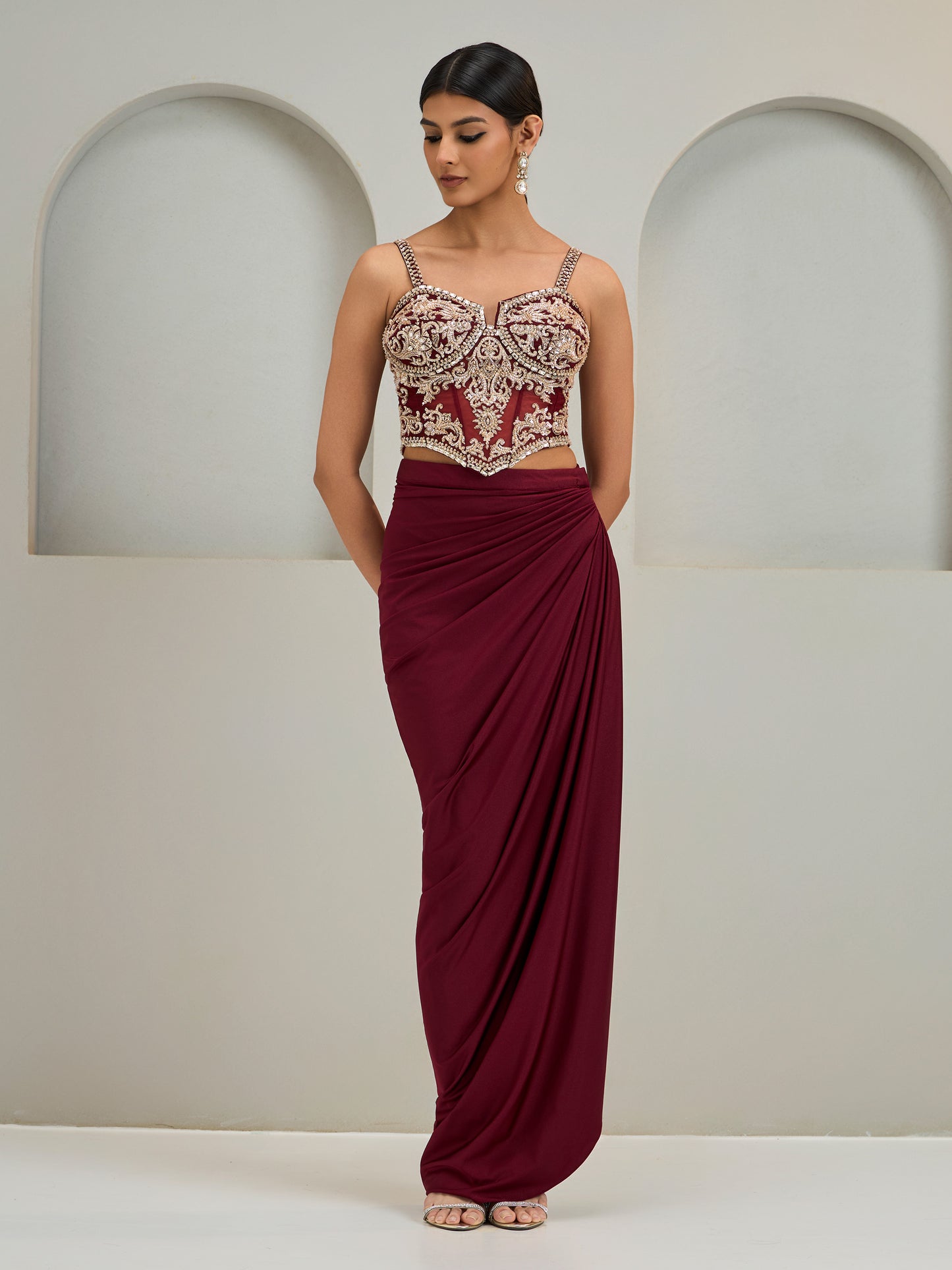 Maroon Net Corset With Lyra Drape Skirt