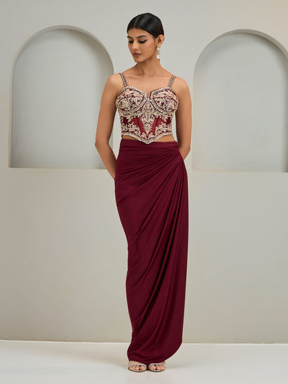 Maroon Net Corset With Lyra Drape Skirt