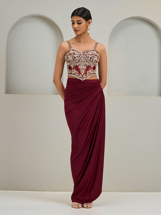 Maroon Net Corset With Lyra Drape Skirt
