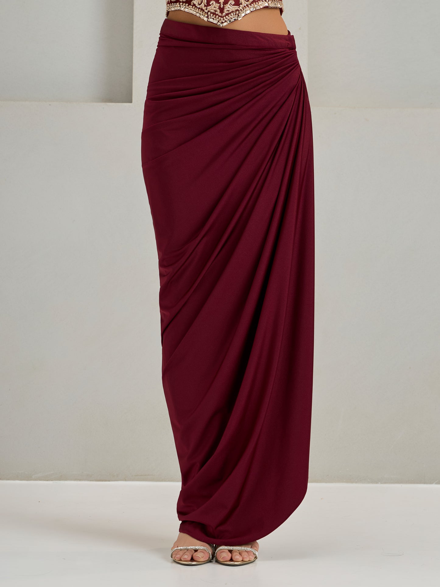 Maroon Net Corset With Lyra Drape Skirt