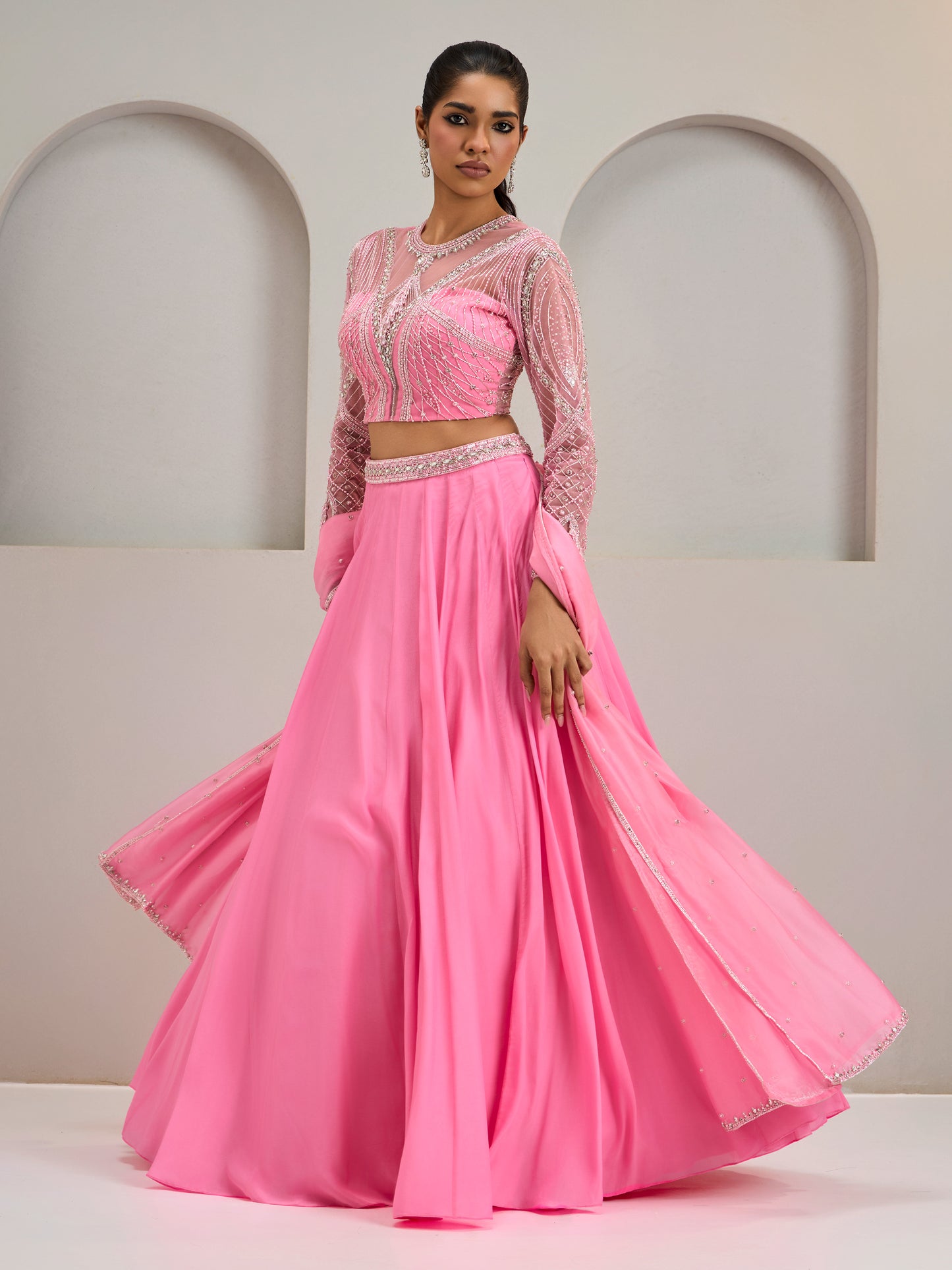 Pink Embroidered Net Blouse With Crepe Silk Lehanga And Dupatta