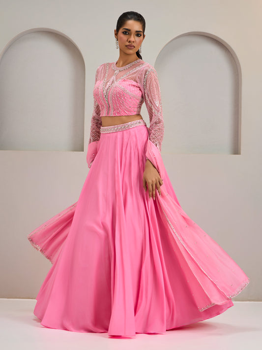 Pink Embroidered Net Blouse With Crepe Silk Lehanga And Dupatta