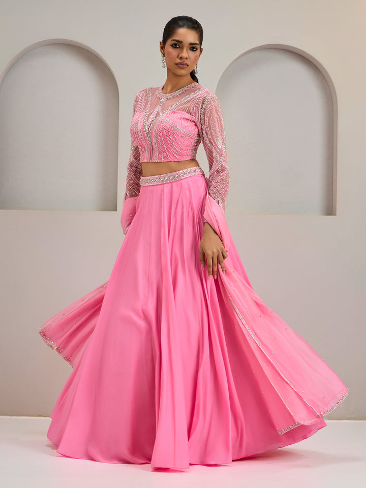 Pink Embroidered Net Blouse With Crepe Silk Lehanga And Dupatta