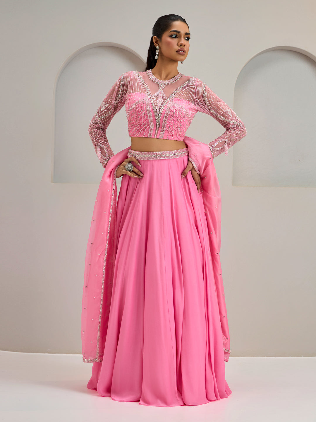 Pink Embroidered Net Blouse With Crepe Silk Lehanga And Dupatta