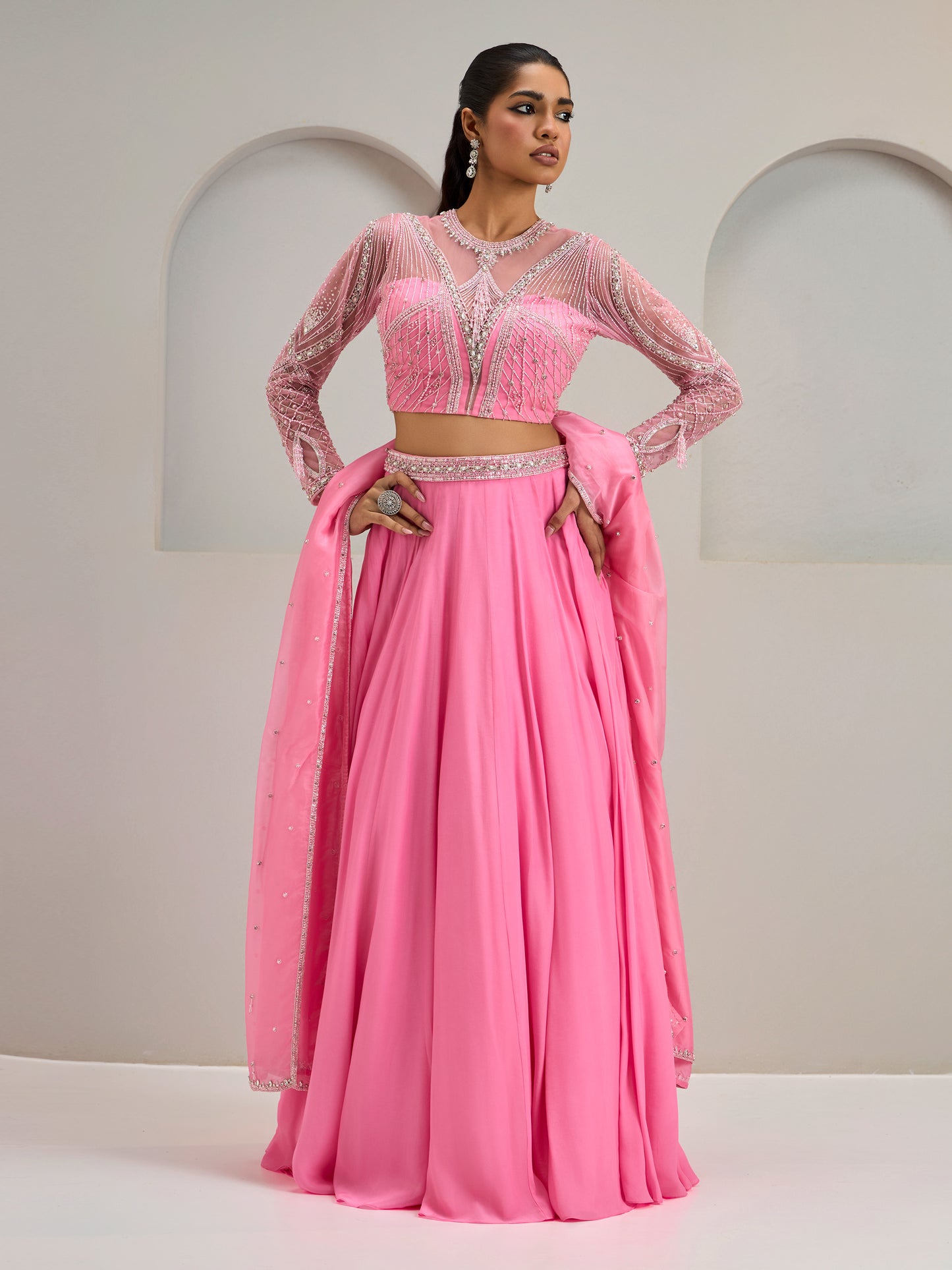 Pink Embroidered Net Blouse With Crepe Silk Lehanga And Dupatta