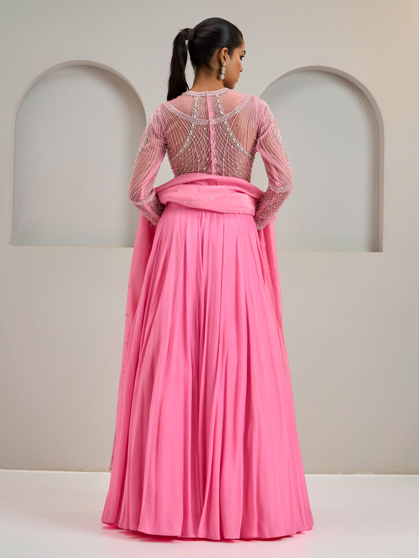 Pink Embroidered Net Blouse With Crepe Silk Lehanga And Dupatta