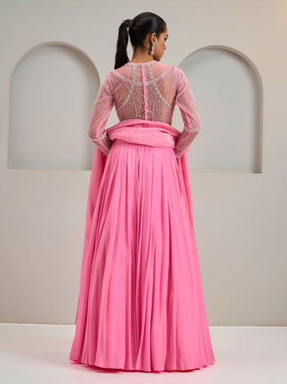 Pink Embroidered Net Blouse With Crepe Silk Lehanga And Dupatta