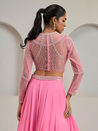 Pink Embroidered Net Blouse With Crepe Silk Lehanga And Dupatta