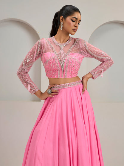 Pink Embroidered Net Blouse With Crepe Silk Lehanga And Dupatta