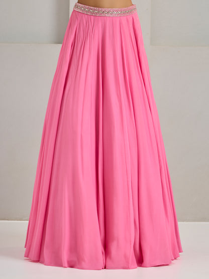 Pink Embroidered Net Blouse With Crepe Silk Lehanga And Dupatta