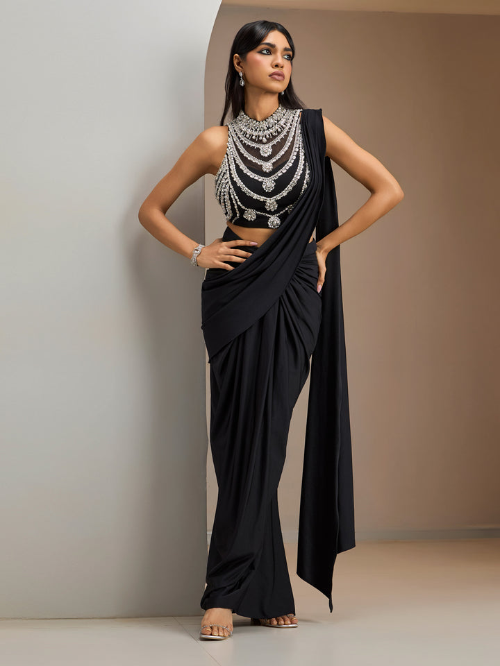Black Stone Embroidered Blouse With Lycra Drape Saree