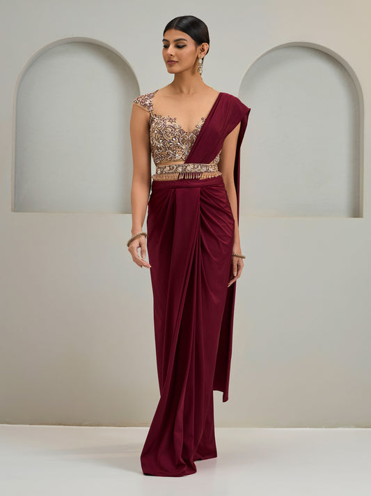 Nude Embroidered Blouse With Maroon Lycra Drape Skirt